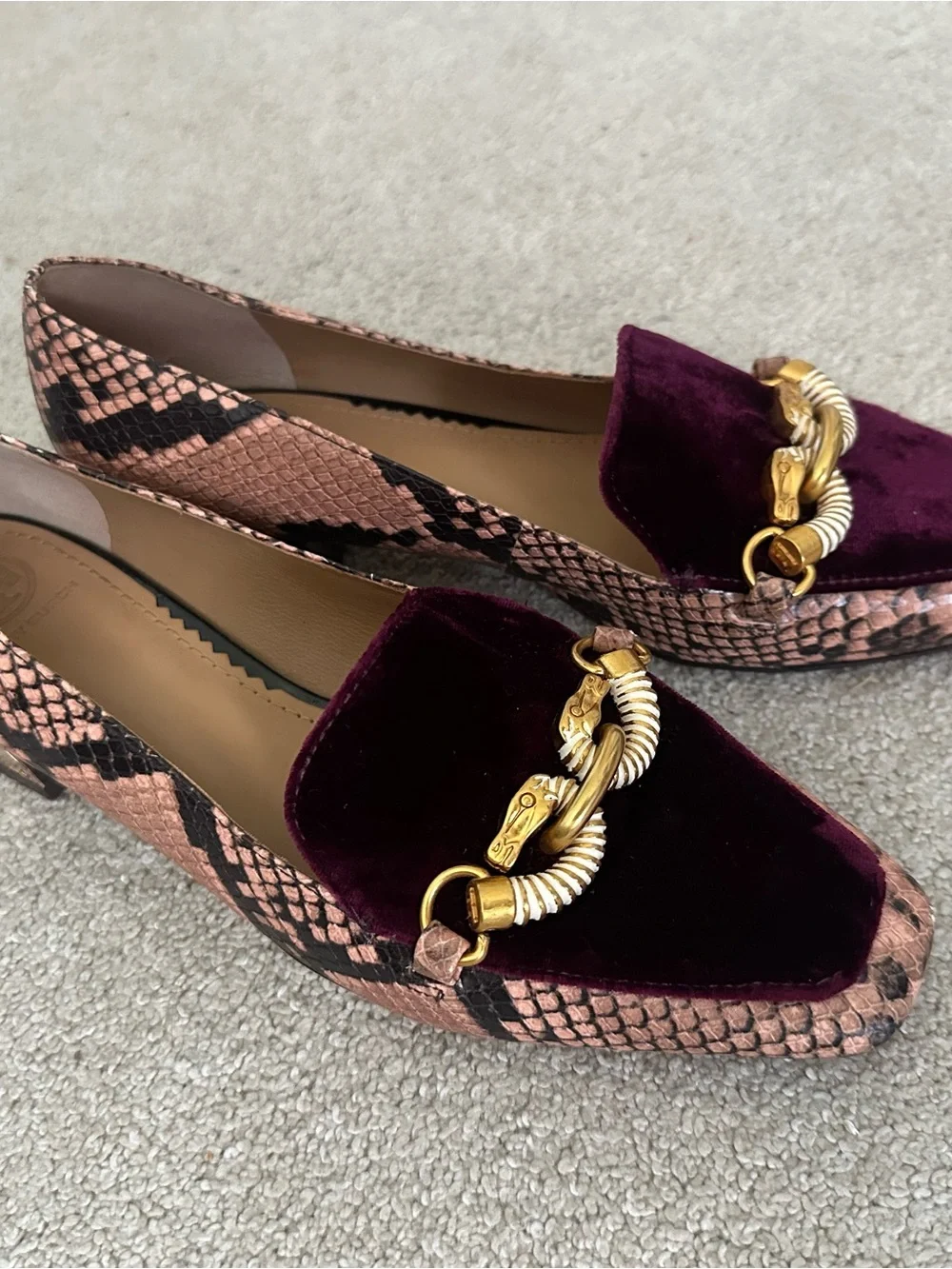 Tory Burch Women's Velvet and Snake-Print Loafers in Burgundy and Pink - Picture 5 of 12